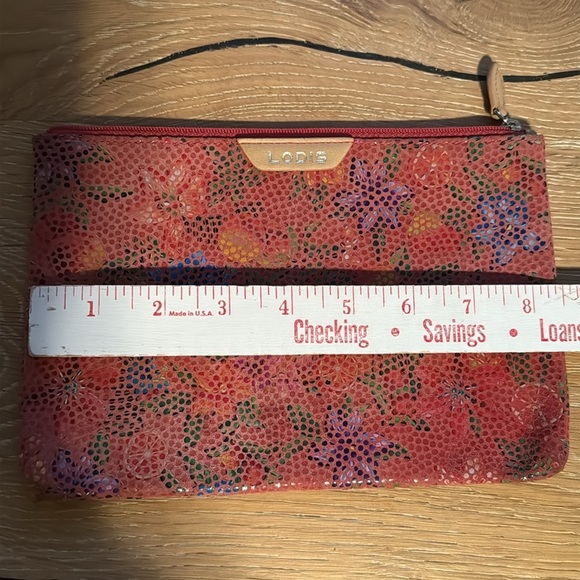 LODIS Leather Pouch Womens Pink/Multi Floral Zip top makeup bag Cords Travel - Picture 6 of 7